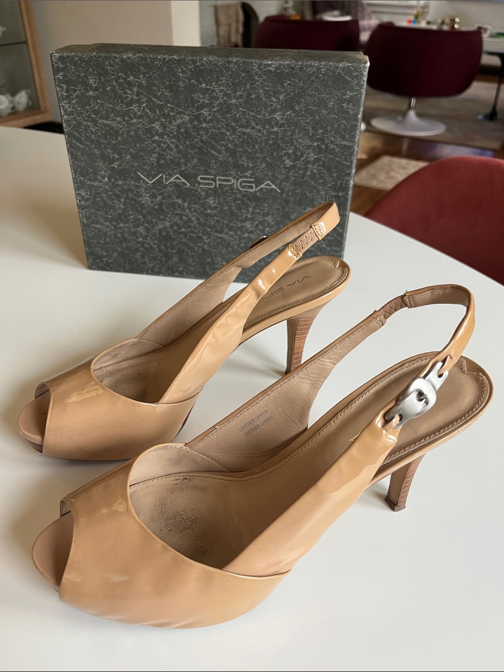Via Spiga Beige Patent Leather Slingback Heels